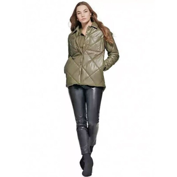 Calvin Klein Women's Jacket Faux Leather Quilted Coat Olive Green size S - Picture 1 of 7